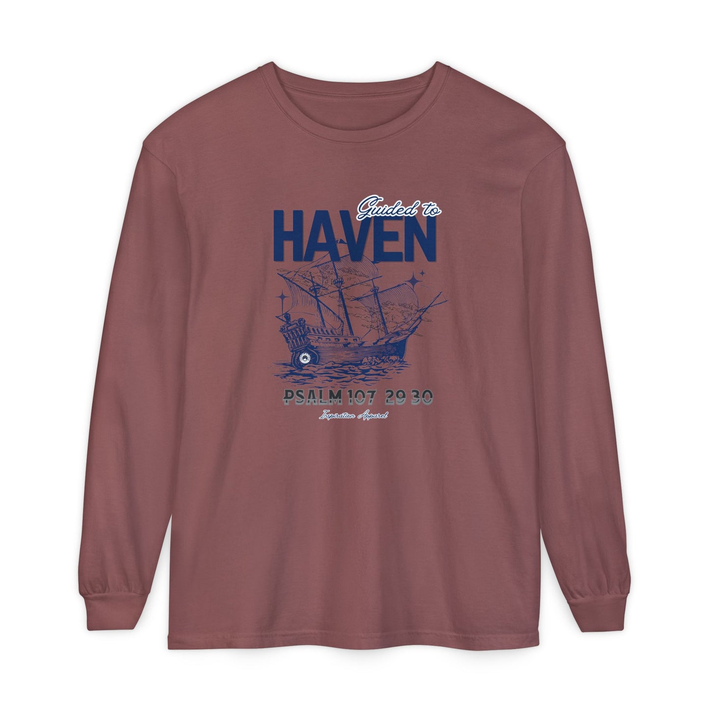 Guided to Haven Psalm 107:29–30 Long Sleeve T-Shirt - Nautical Theme