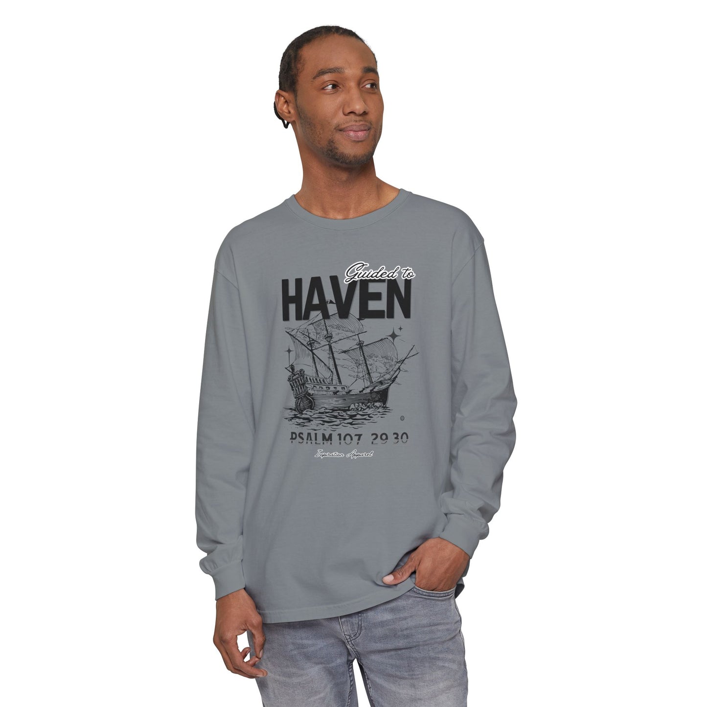 Guided to Haven Psalm 107:29–30 Long Sleeve T-Shirt - Nautical Theme