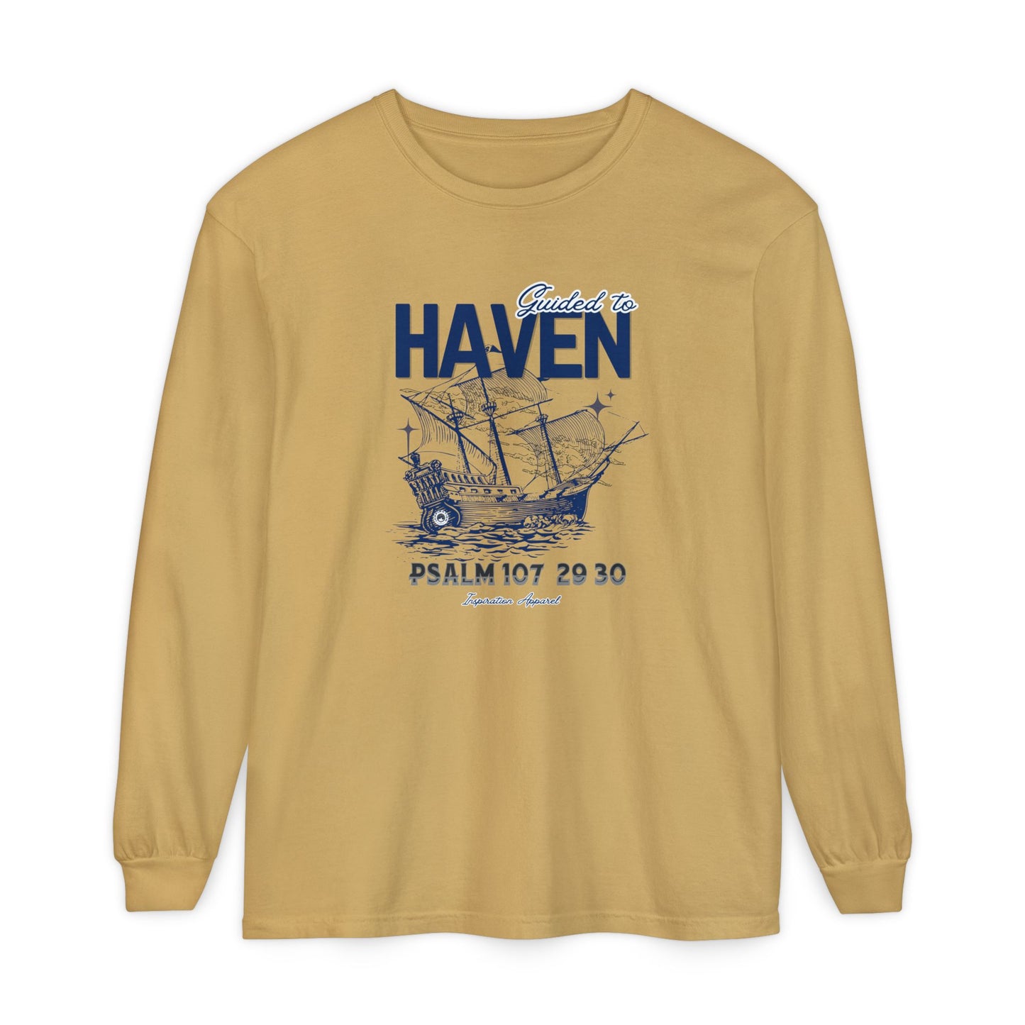 Guided to Haven Psalm 107:29–30 Long Sleeve T-Shirt - Nautical Theme