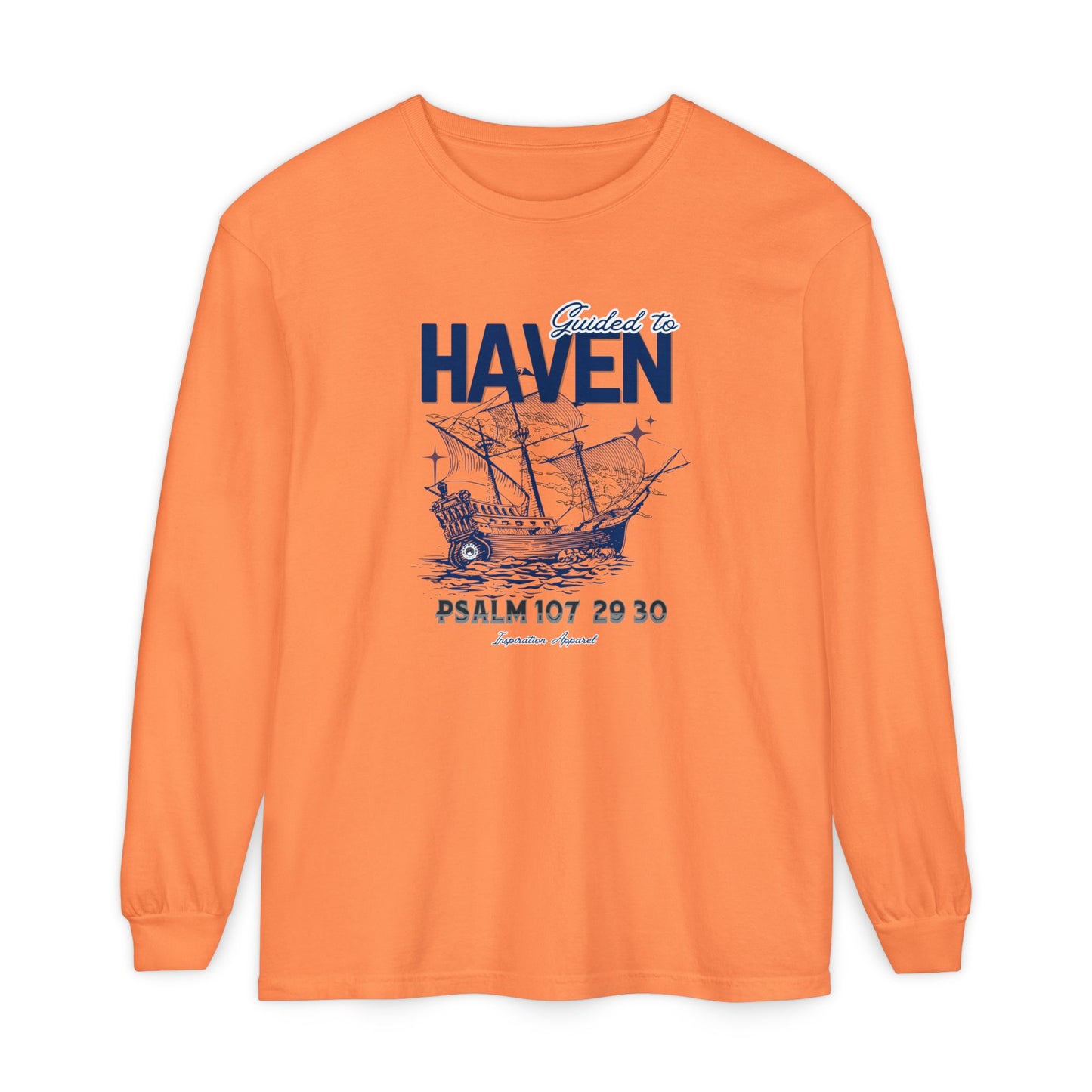 Guided to Haven Psalm 107:29–30 Long Sleeve T-Shirt - Nautical Theme