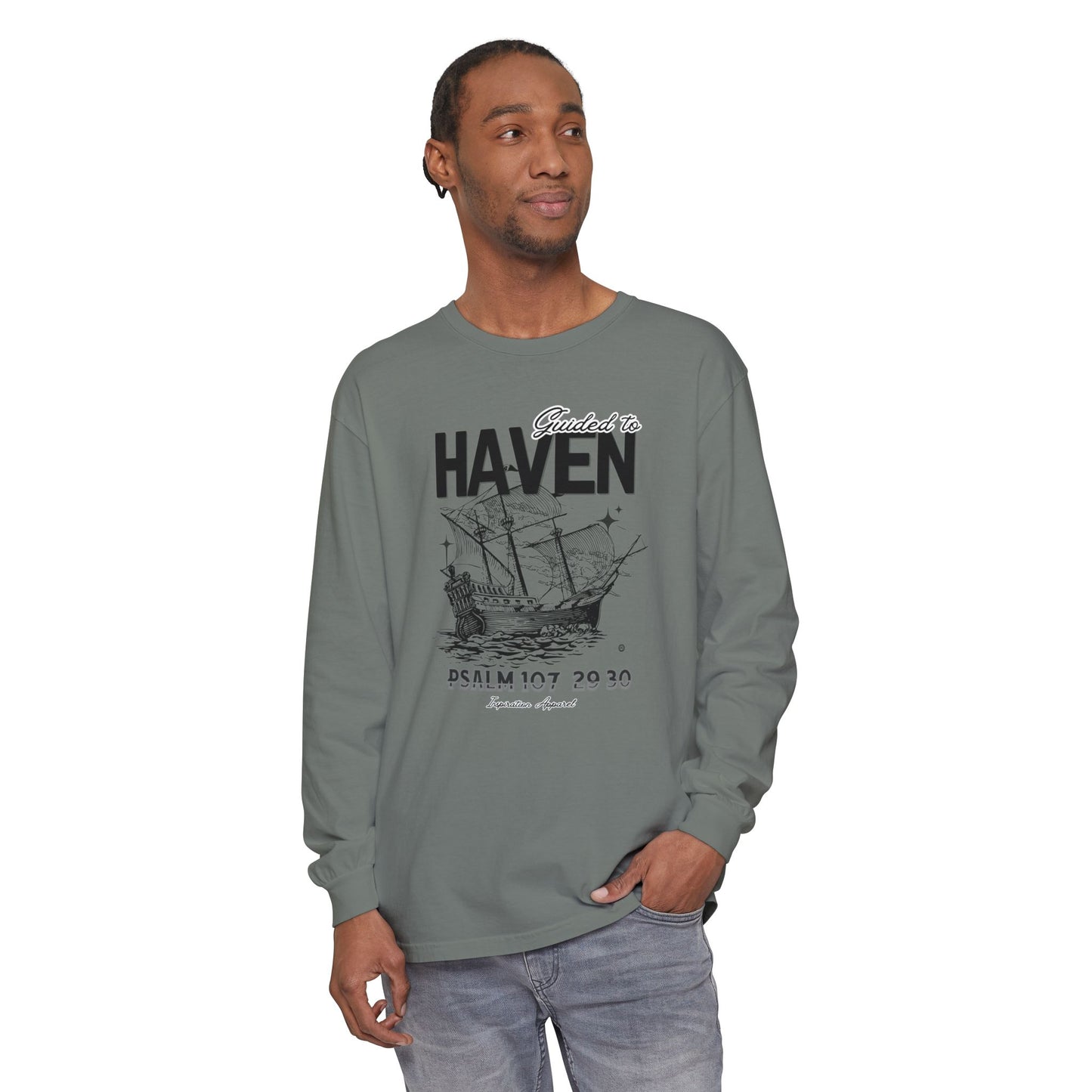 Guided to Haven Psalm 107:29–30 Long Sleeve T-Shirt - Nautical Theme