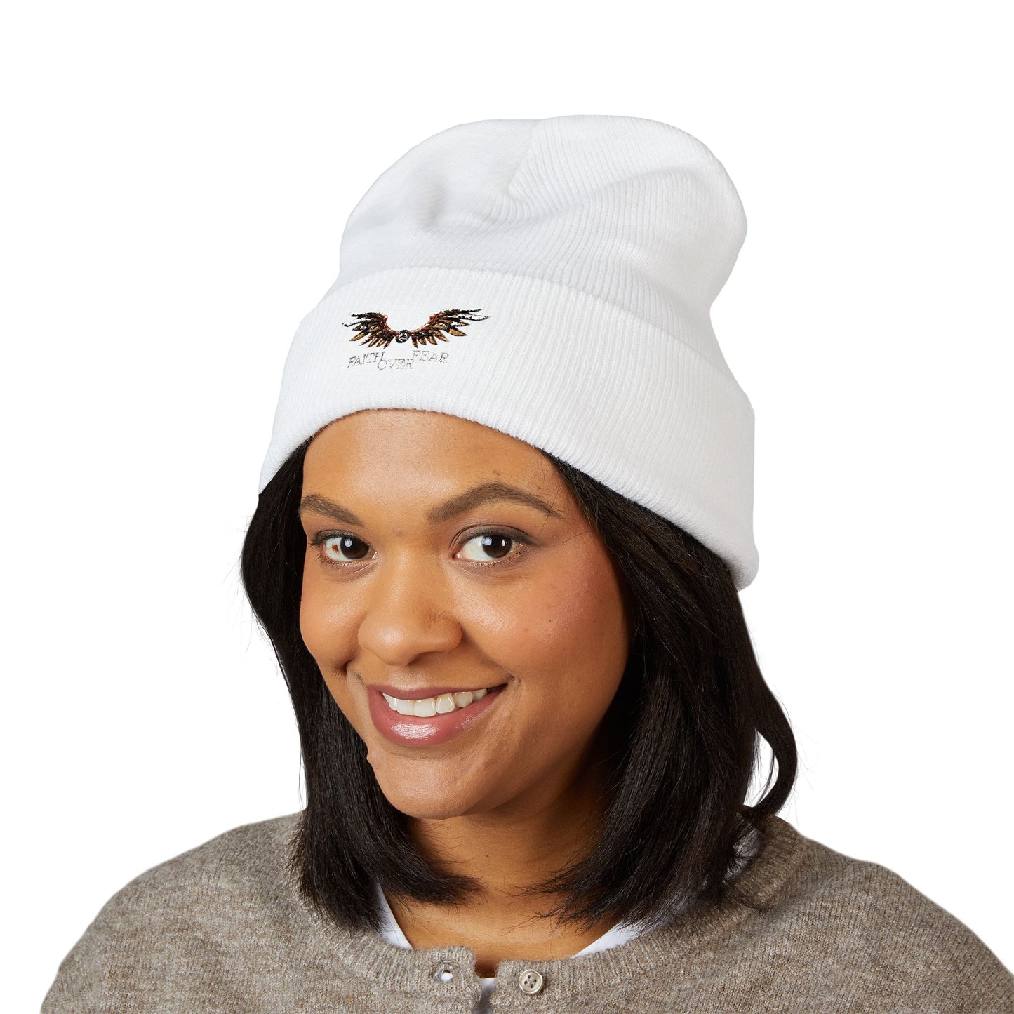 Faith Over Fear Winged Embroidered Feather Antler Beanie