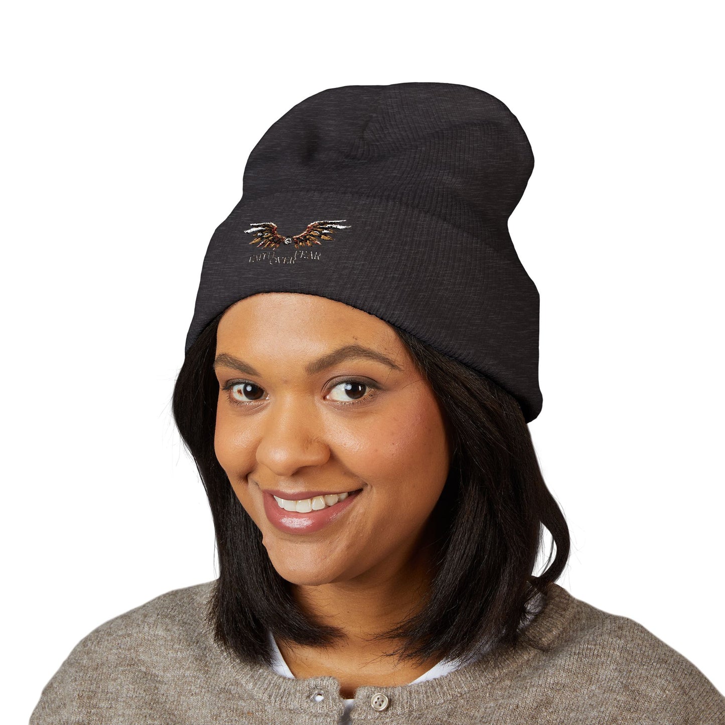 Faith Over Fear Winged Embroidered Feather Antler Beanie