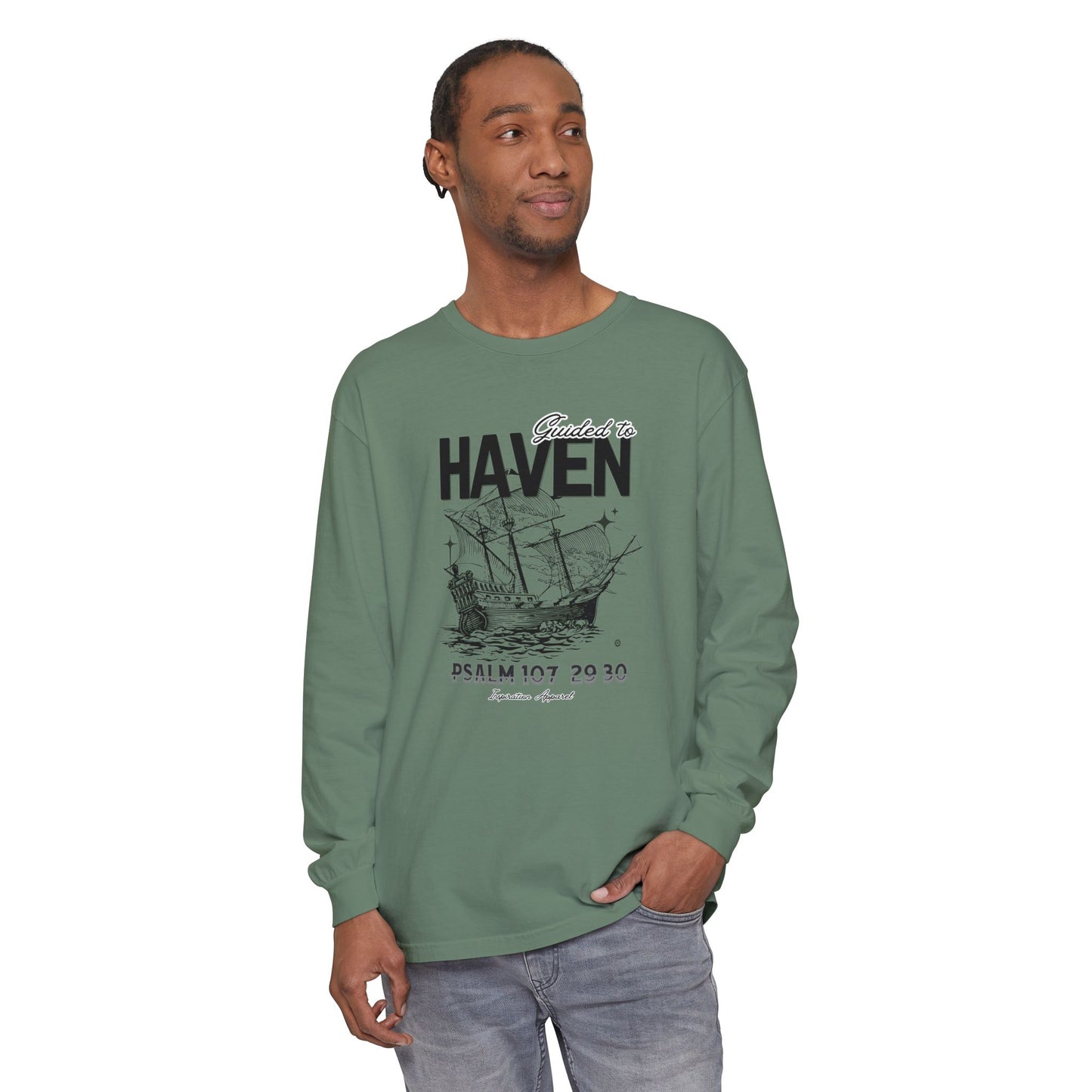Guided to Haven Psalm 107:29–30 Long Sleeve T-Shirt - Nautical Theme