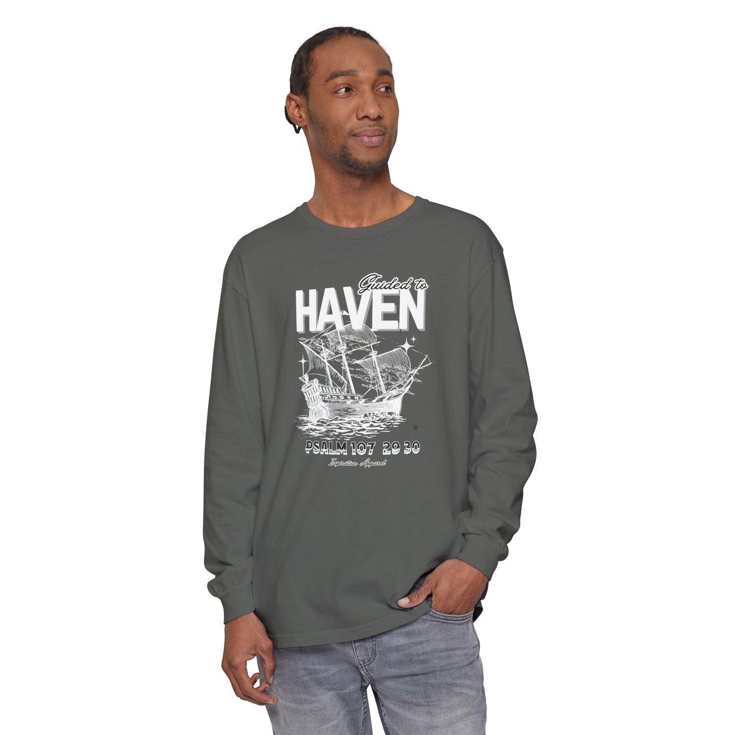 Guided to Haven Psalm 107:29–30 Long Sleeve T-Shirt - Nautical Theme