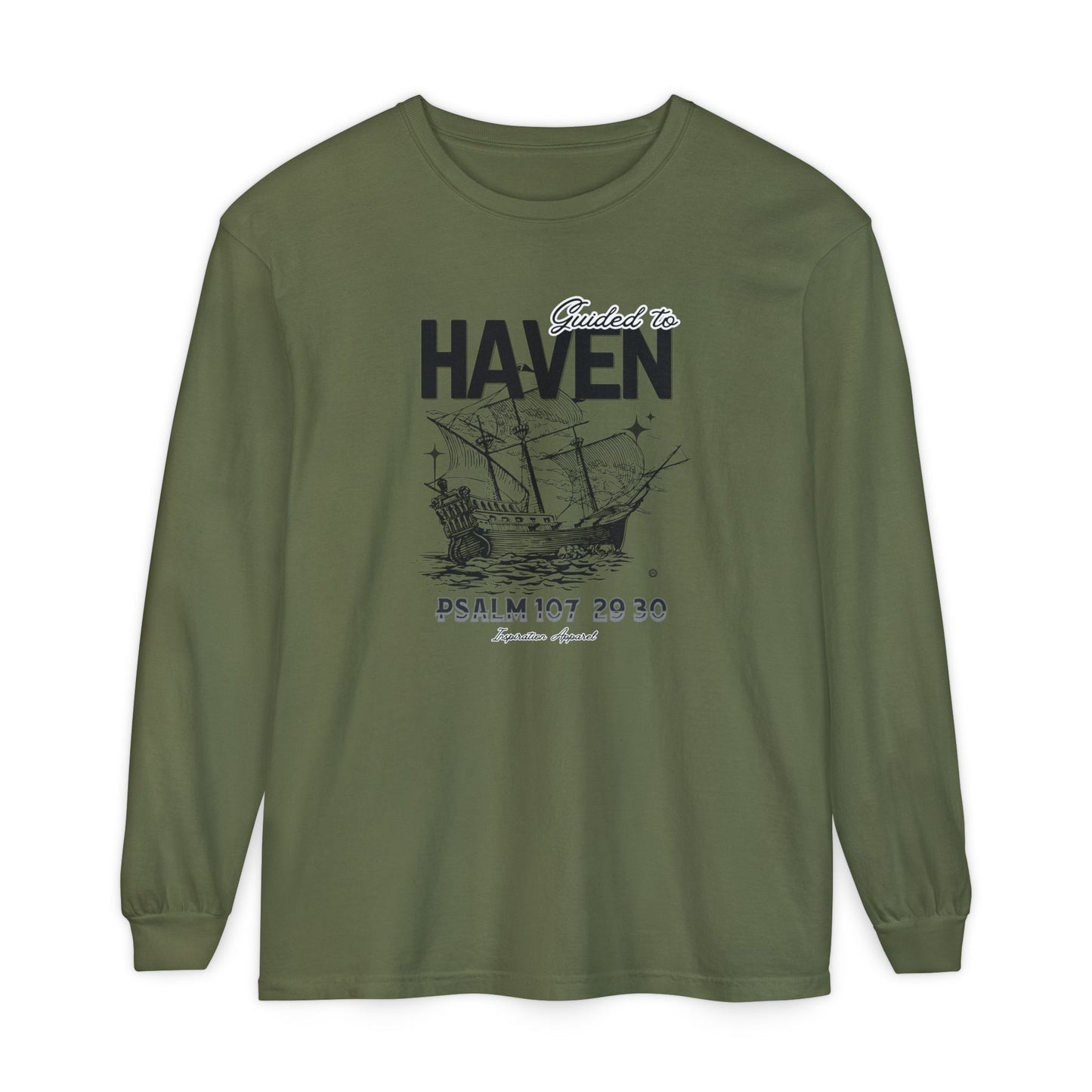 Guided to Haven Psalm 107:29–30 Long Sleeve T-Shirt - Nautical Theme
