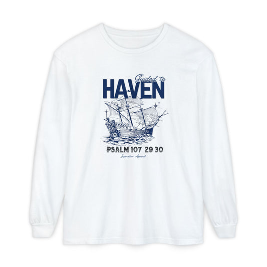 Guided to Haven Psalm 107:29–30 Long Sleeve T-Shirt - Nautical Theme
