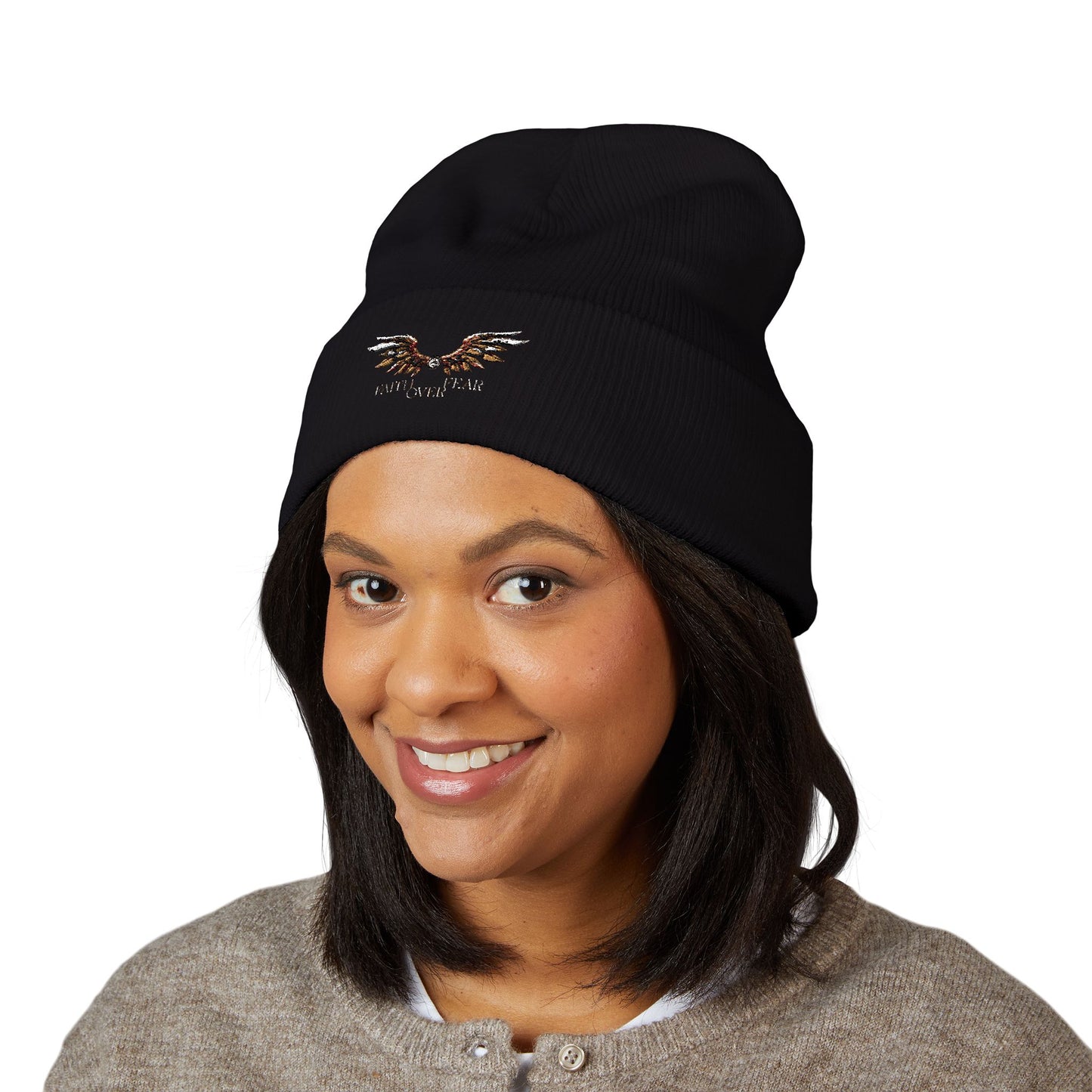 Faith Over Fear Winged Embroidered Feather Antler Beanie