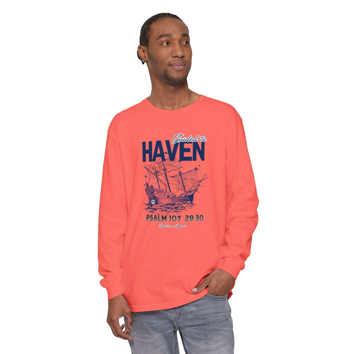 Guided to Haven Psalm 107:29–30 Long Sleeve T-Shirt - Nautical Theme