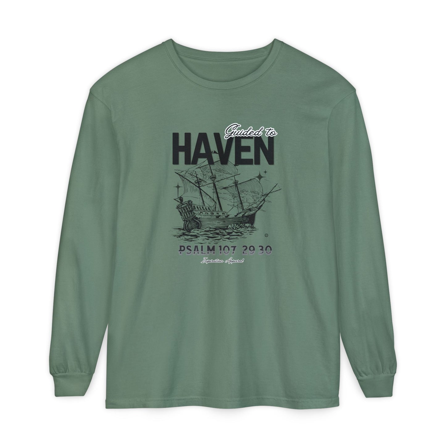 Guided to Haven Psalm 107:29–30 Long Sleeve T-Shirt - Nautical Theme