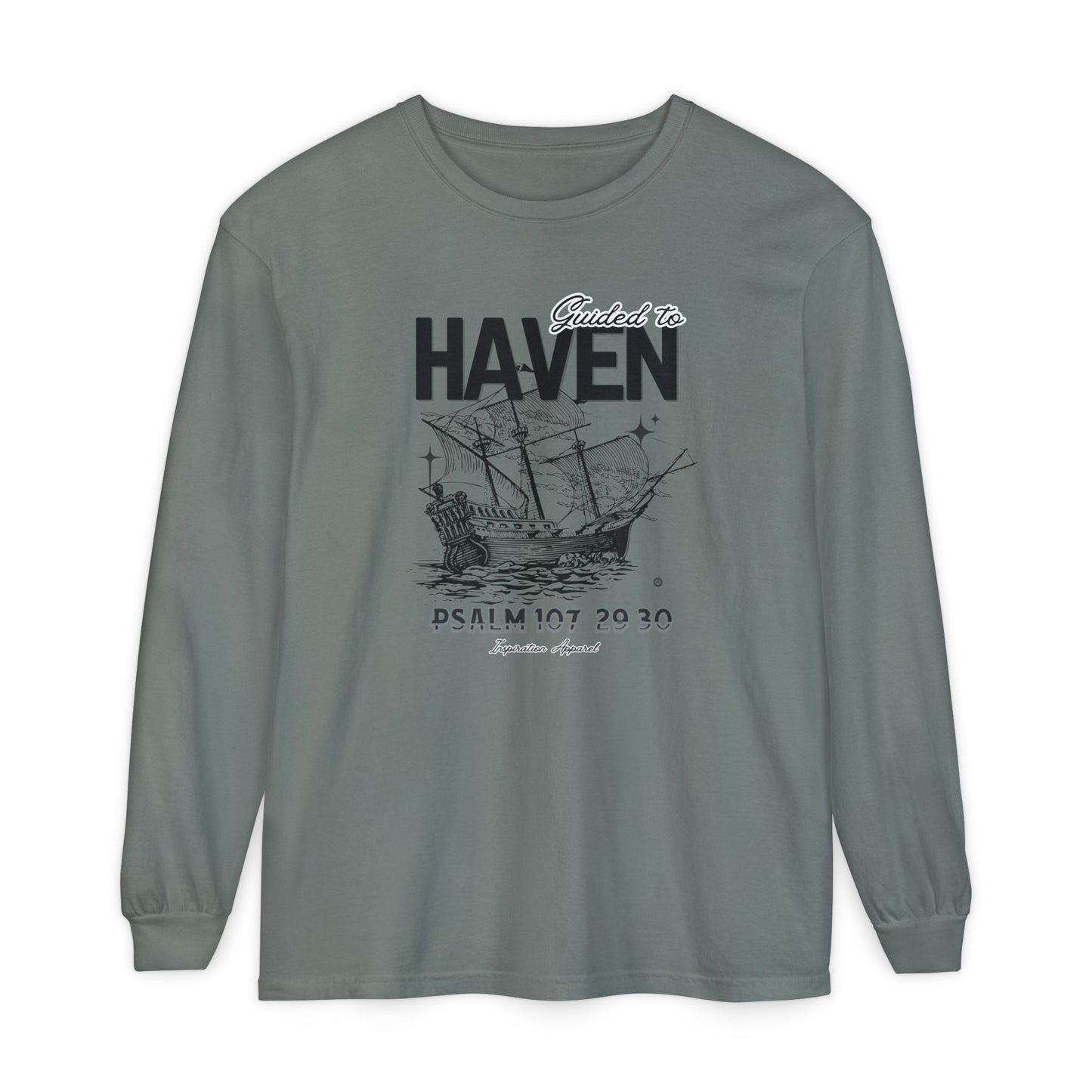 Guided to Haven Psalm 107:29–30 Long Sleeve T-Shirt - Nautical Theme