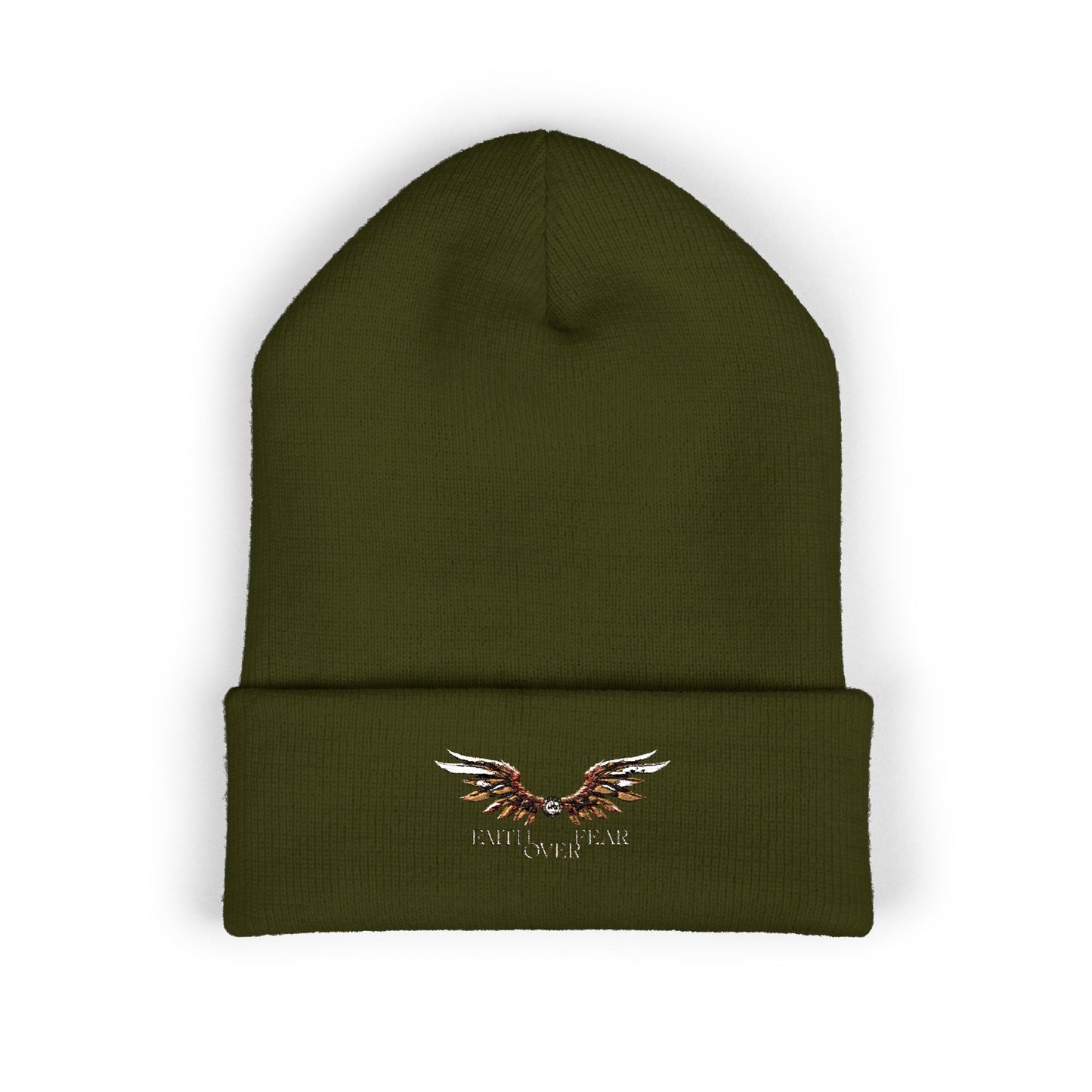 Faith Over Fear Winged Embroidered Feather Antler Beanie