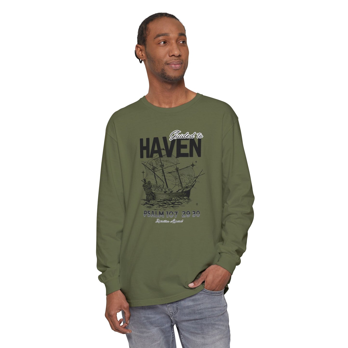 Guided to Haven Psalm 107:29–30 Long Sleeve T-Shirt - Nautical Theme