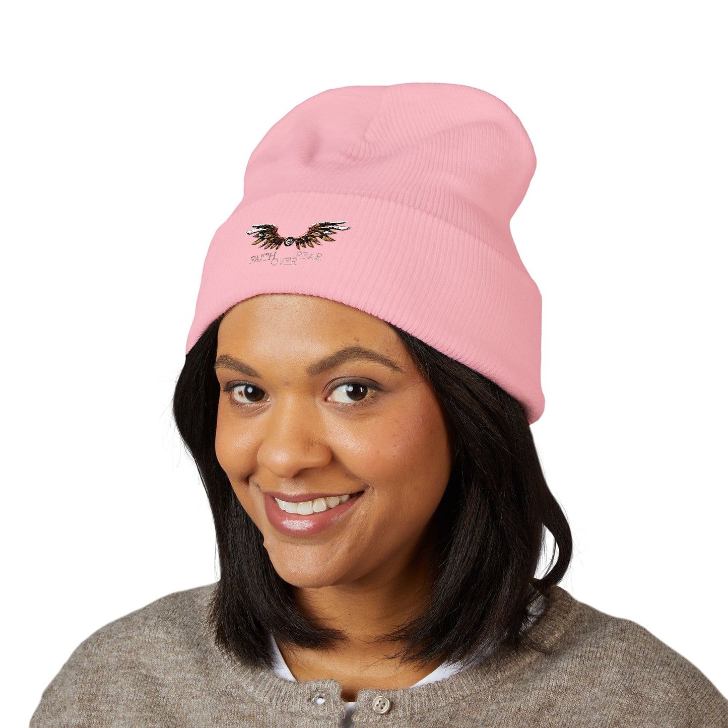 Faith Over Fear Winged Embroidered Feather Antler Beanie