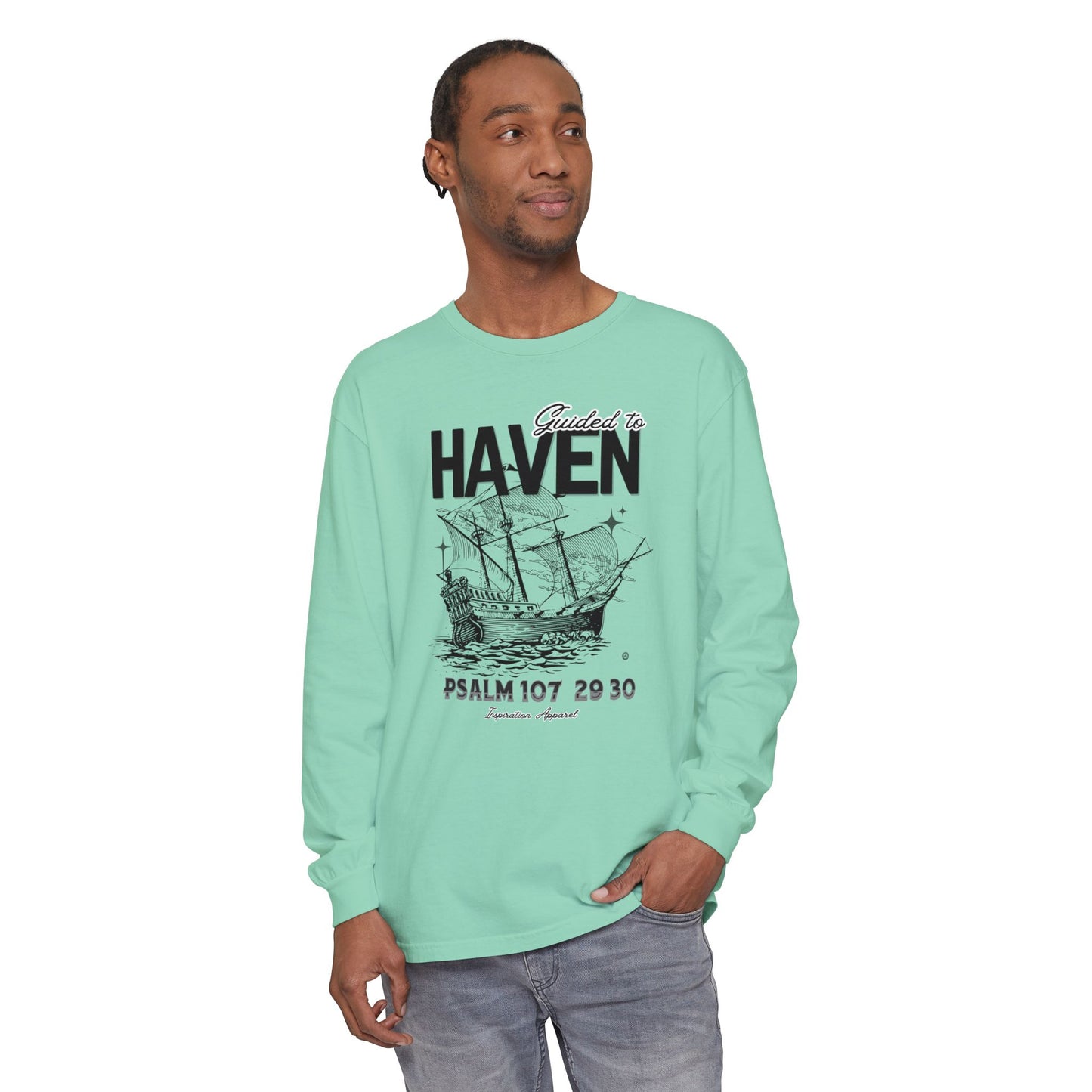 Guided to Haven Psalm 107:29–30 Long Sleeve T-Shirt - Nautical Theme