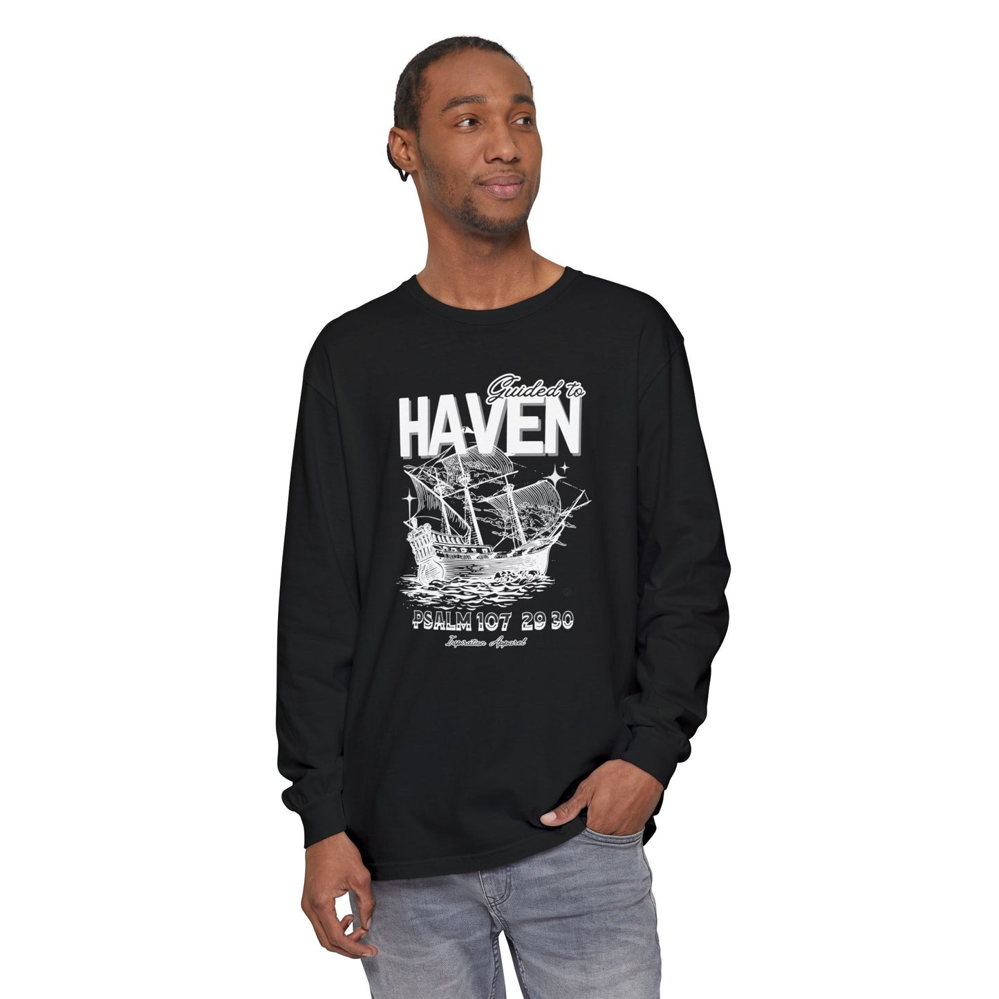 Guided to Haven Psalm 107:29–30 Long Sleeve T-Shirt - Nautical Theme