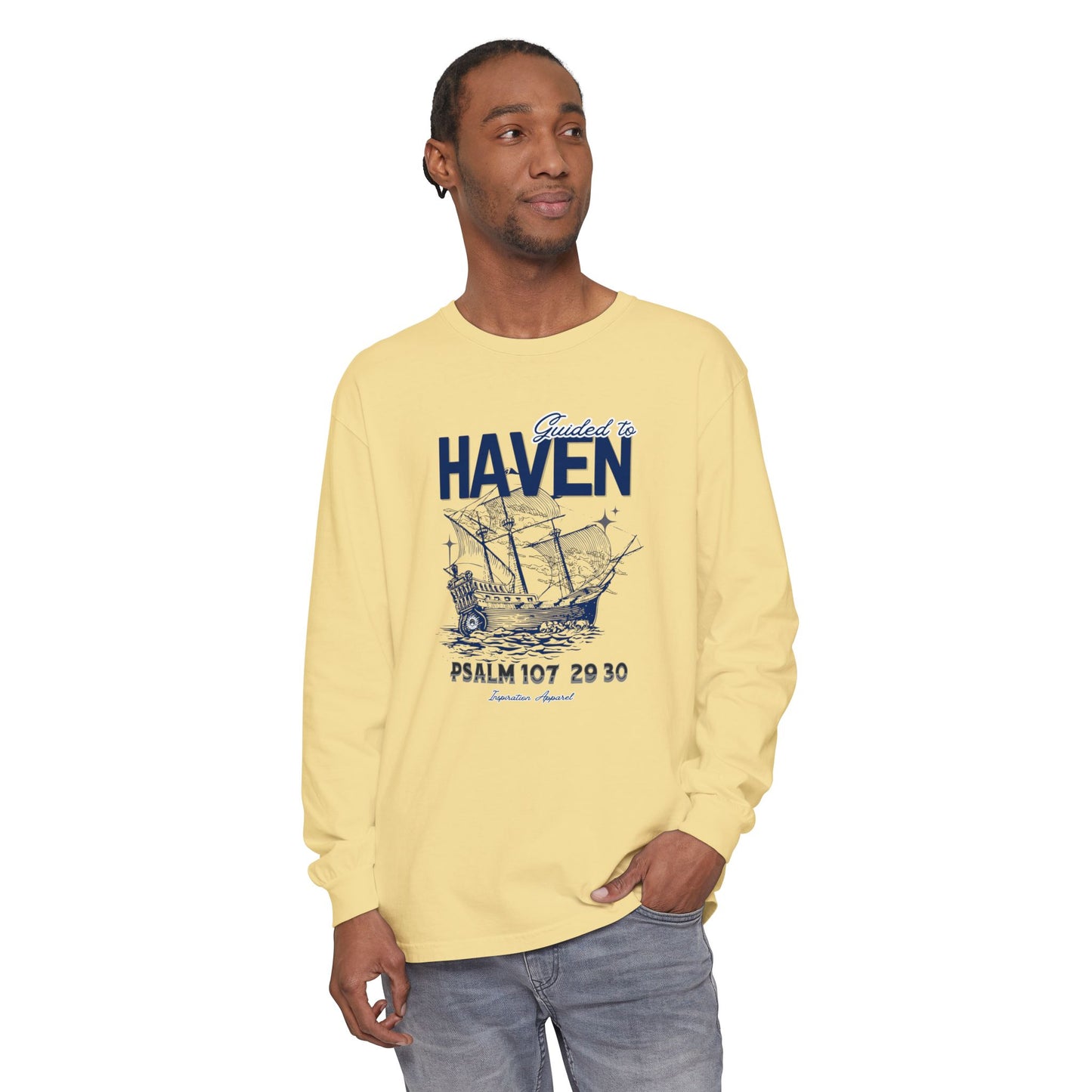Guided to Haven Psalm 107:29–30 Long Sleeve T-Shirt - Nautical Theme