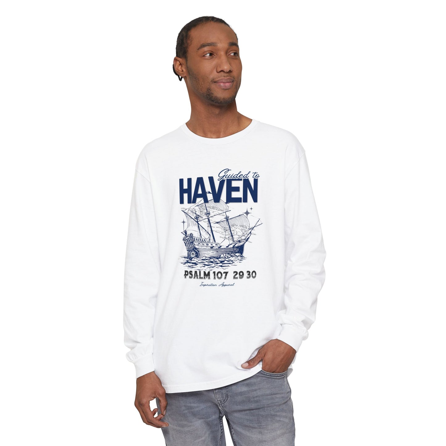 Guided to Haven Psalm 107:29–30 Long Sleeve T-Shirt - Nautical Theme