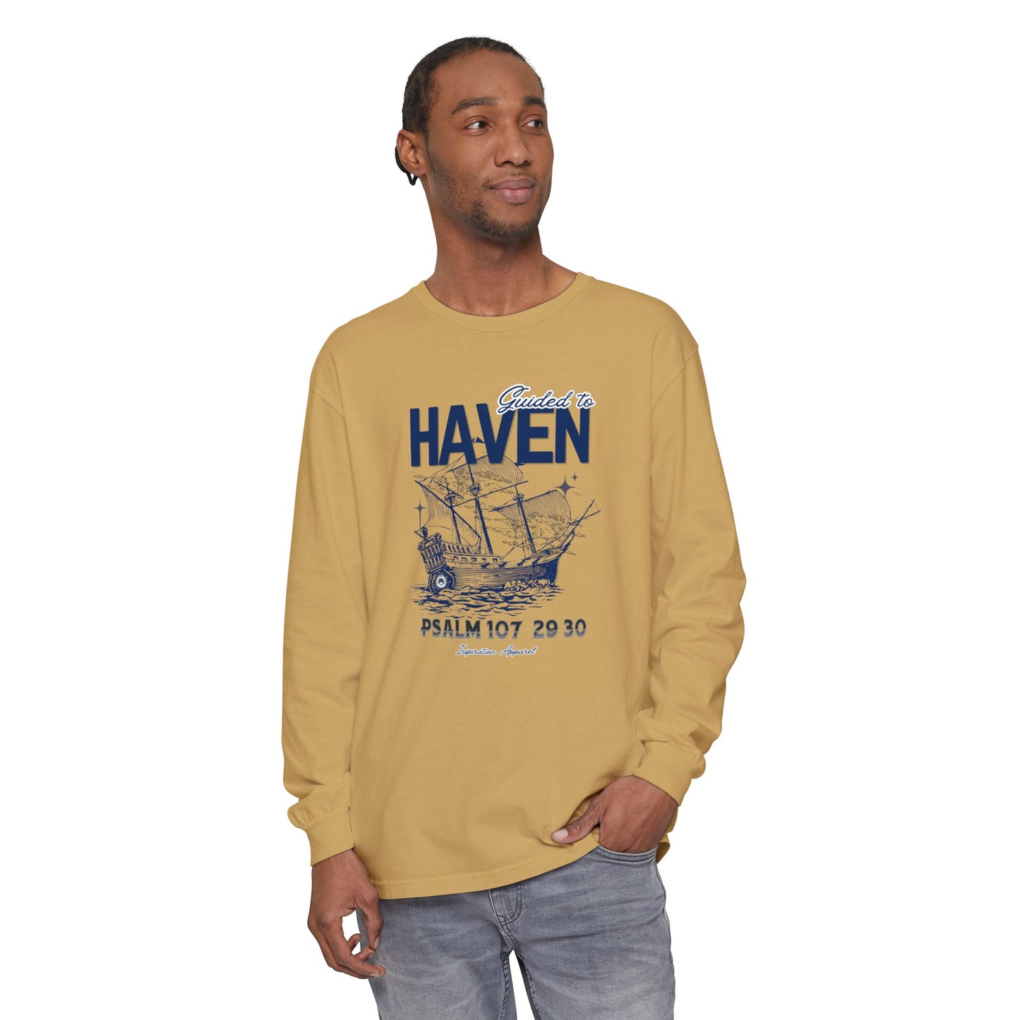 Guided to Haven Psalm 107:29–30 Long Sleeve T-Shirt - Nautical Theme