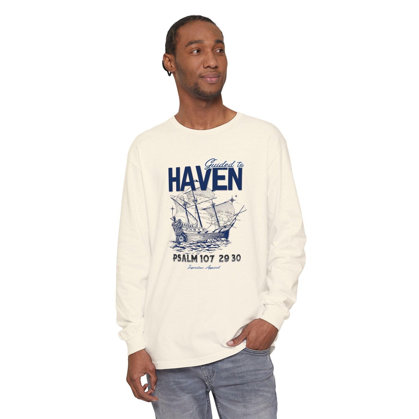 Guided to Haven Psalm 107:29–30 Long Sleeve T-Shirt - Nautical Theme
