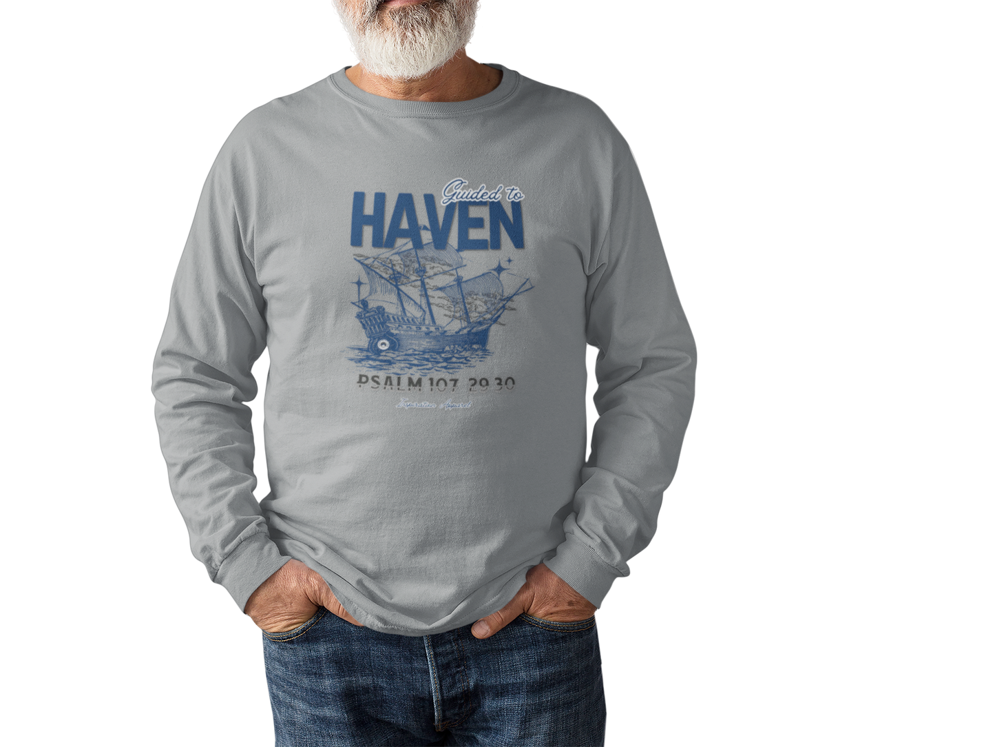 Guided to Haven Psalm 107:29–30 Long Sleeve T-Shirt - Nautical Theme