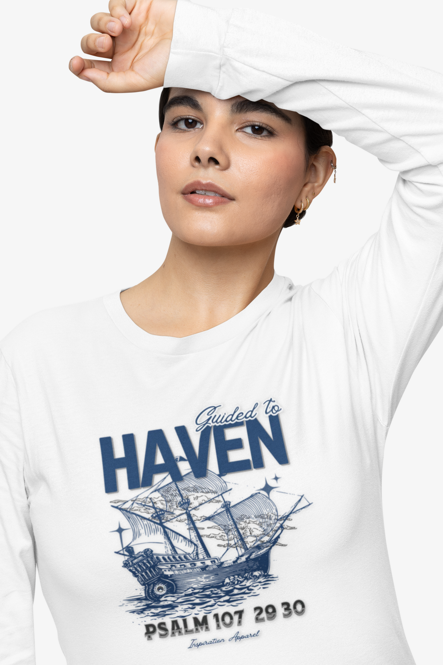 Guided to Haven Psalm 107:29–30 Long Sleeve T-Shirt - Nautical Theme