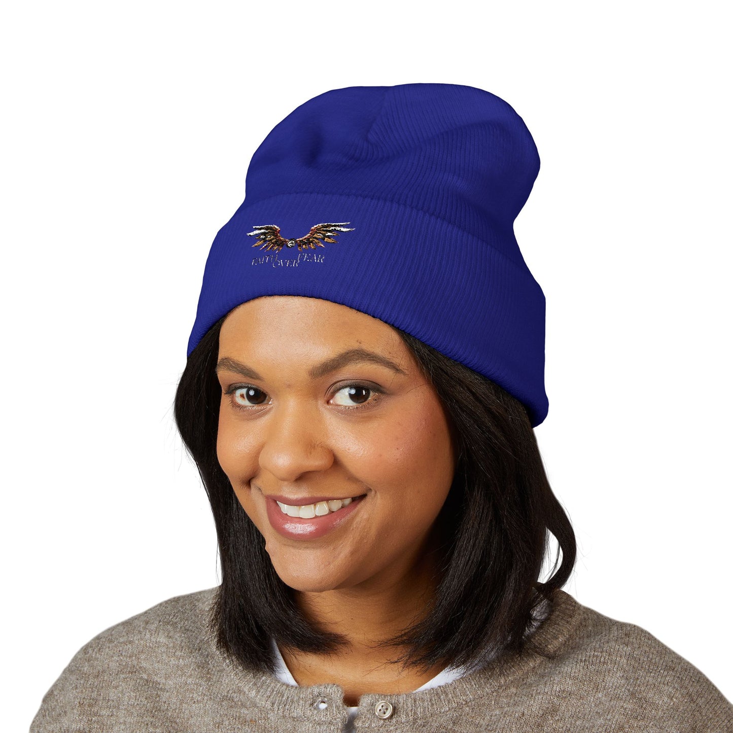 Faith Over Fear Winged Embroidered Feather Antler Beanie