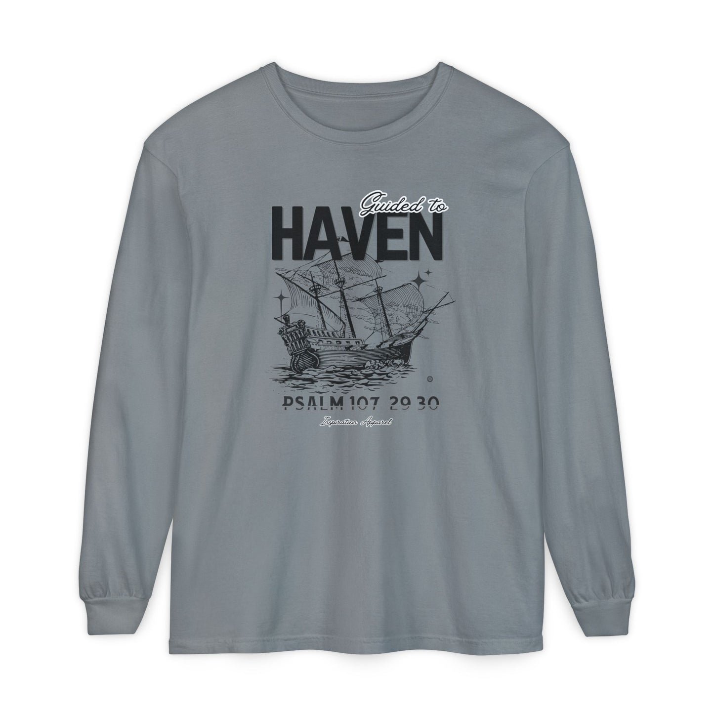 Guided to Haven Psalm 107:29–30 Long Sleeve T-Shirt - Nautical Theme