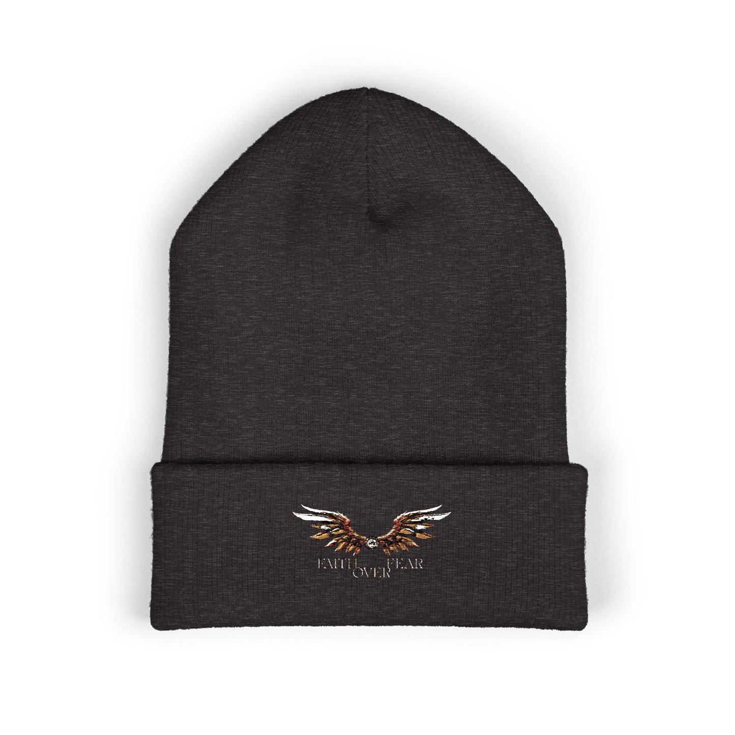Faith Over Fear Winged Embroidered Feather Antler Beanie