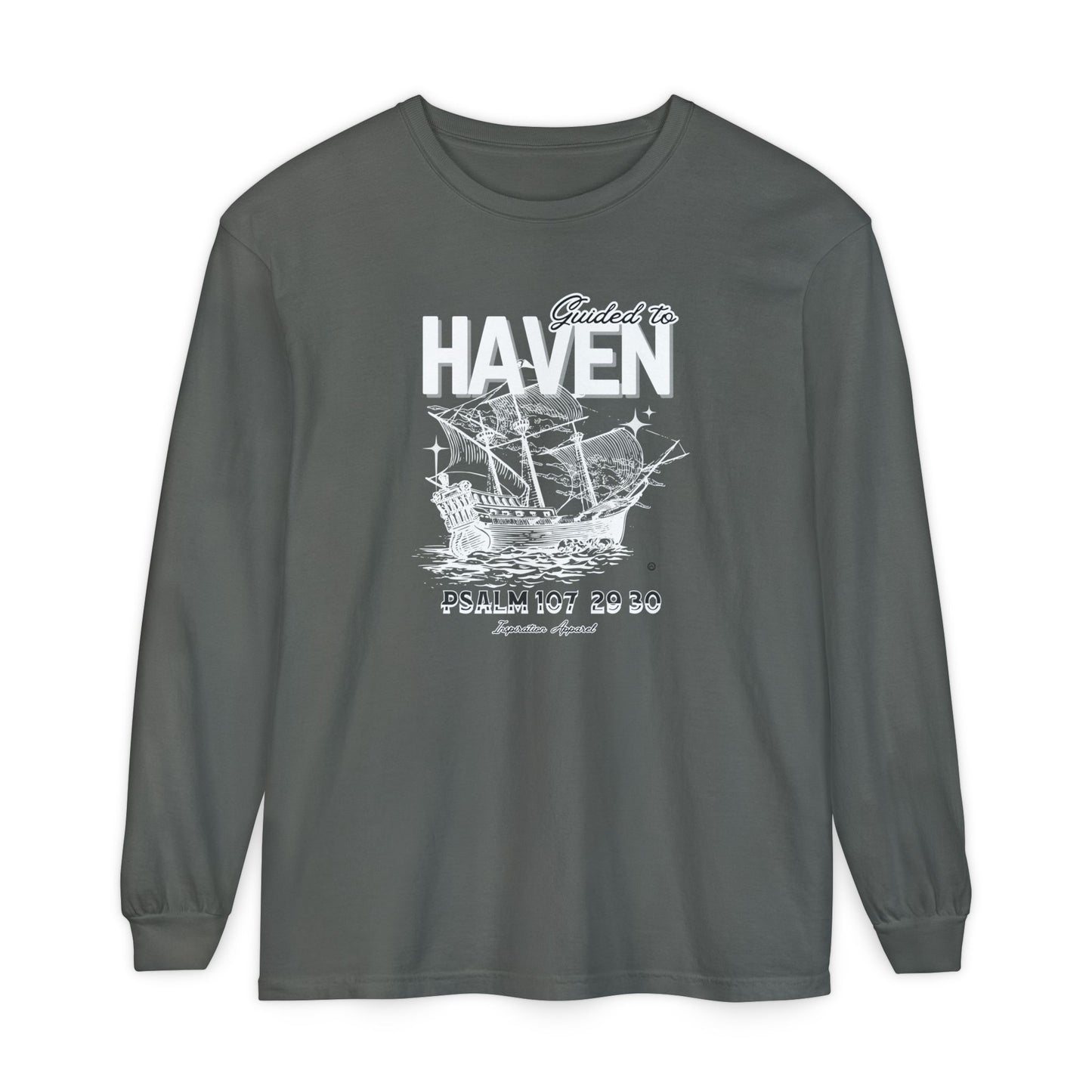 Guided to Haven Psalm 107:29–30 Long Sleeve T-Shirt - Nautical Theme