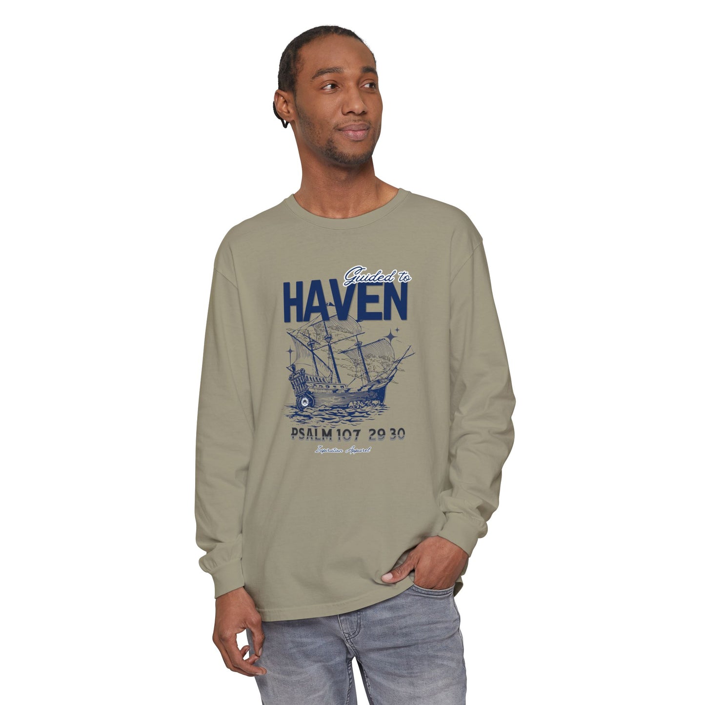 Guided to Haven Psalm 107:29–30 Long Sleeve T-Shirt - Nautical Theme