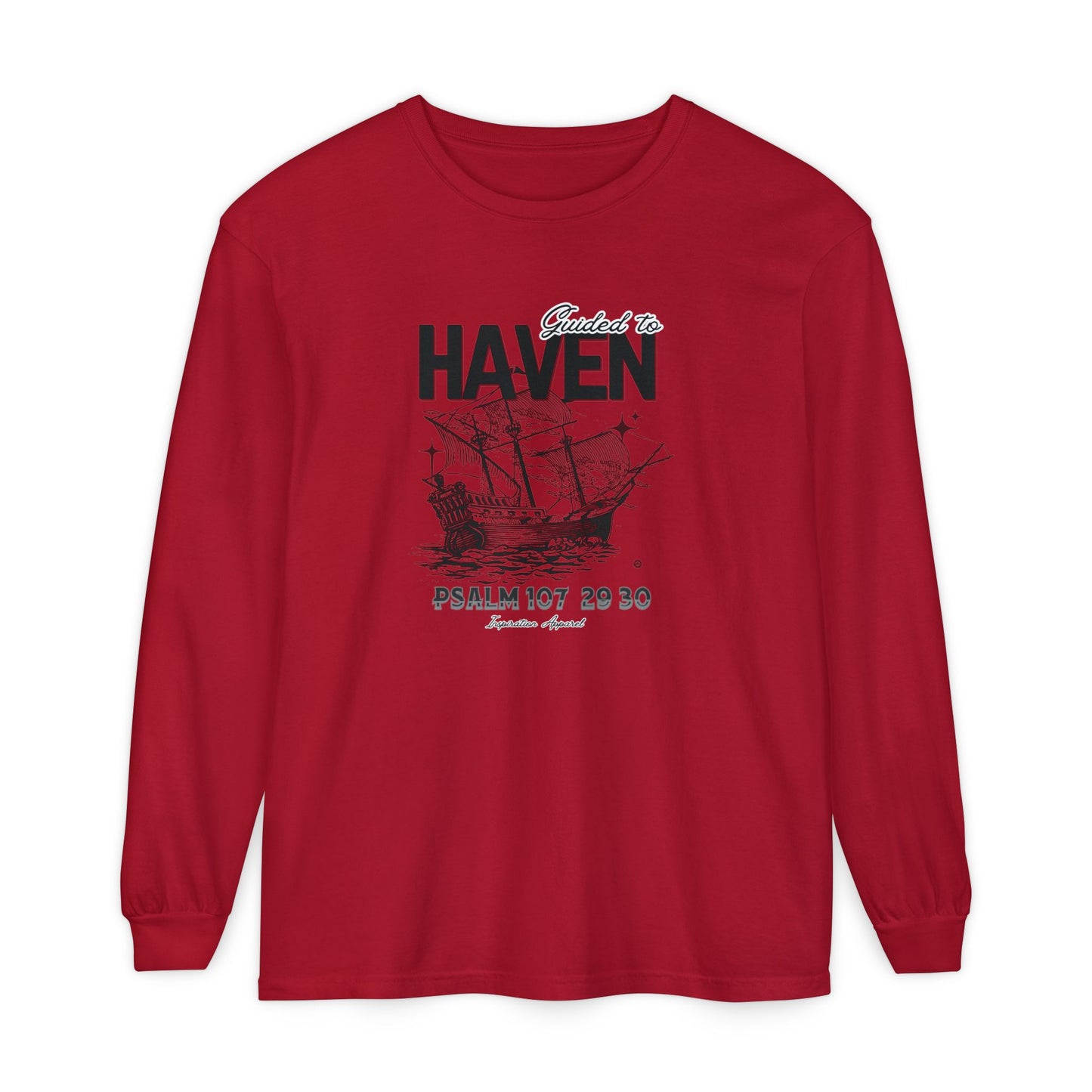 Guided to Haven Psalm 107:29–30 Long Sleeve T-Shirt - Nautical Theme