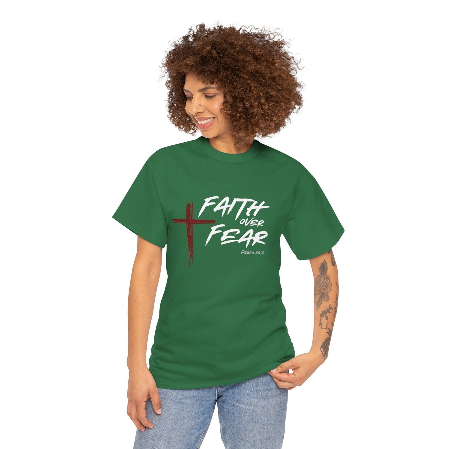 Faith Over Fear Psalm: 34:4 Unisex Heavy Cotton Tee