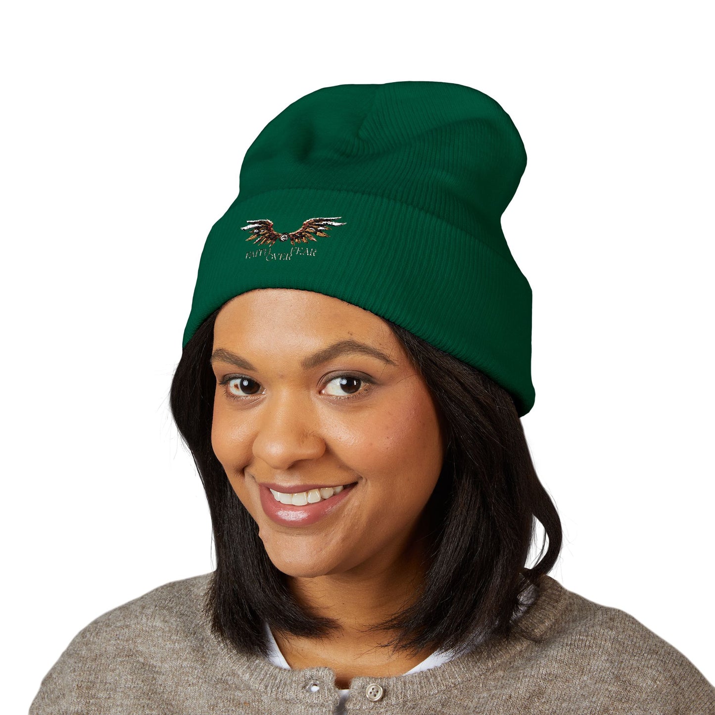 Faith Over Fear Winged Embroidered Feather Antler Beanie
