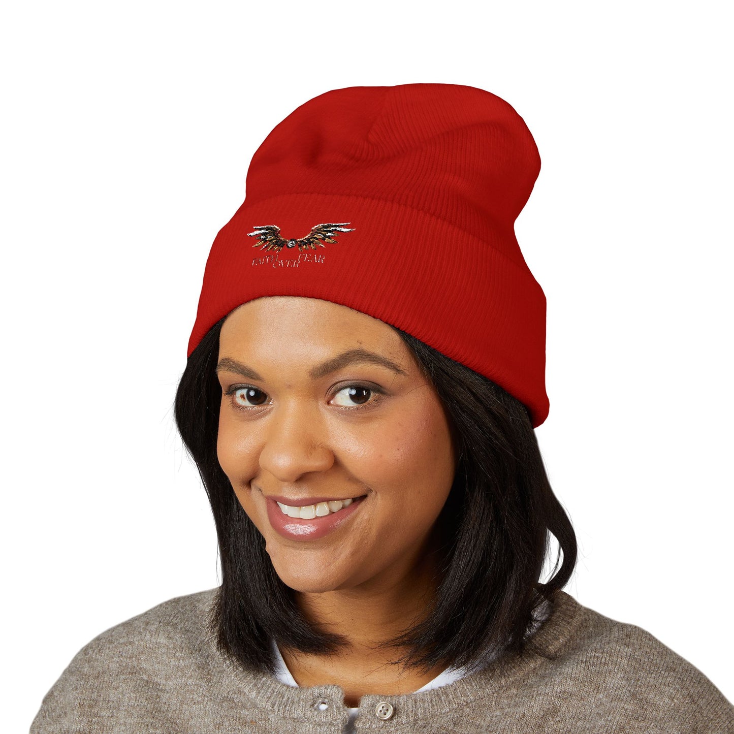 Faith Over Fear Winged Embroidered Feather Antler Beanie