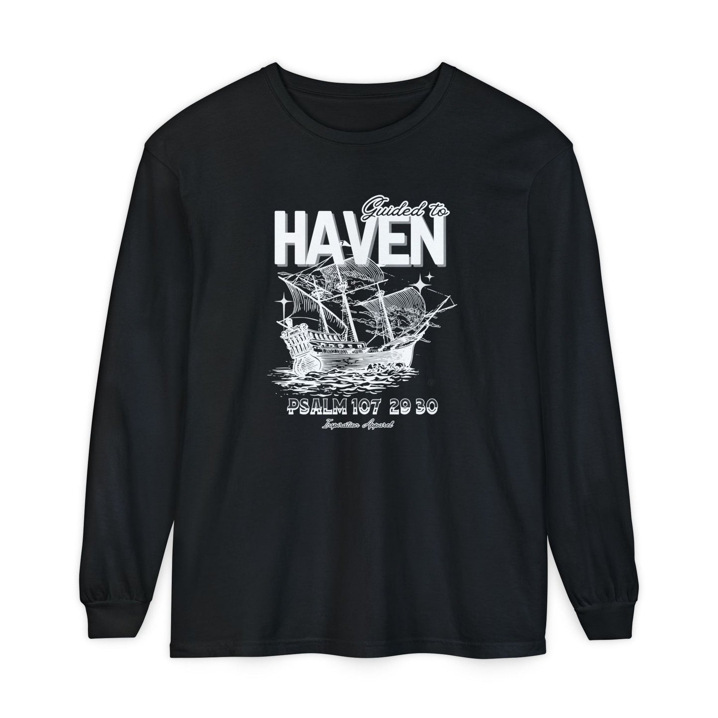 Guided to Haven Psalm 107:29–30 Long Sleeve T-Shirt - Nautical Theme