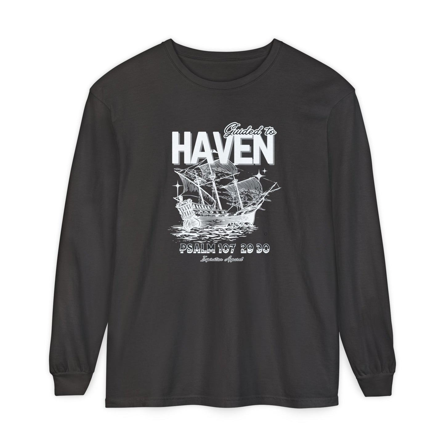 Guided to Haven Psalm 107:29–30 Long Sleeve T-Shirt - Nautical Theme