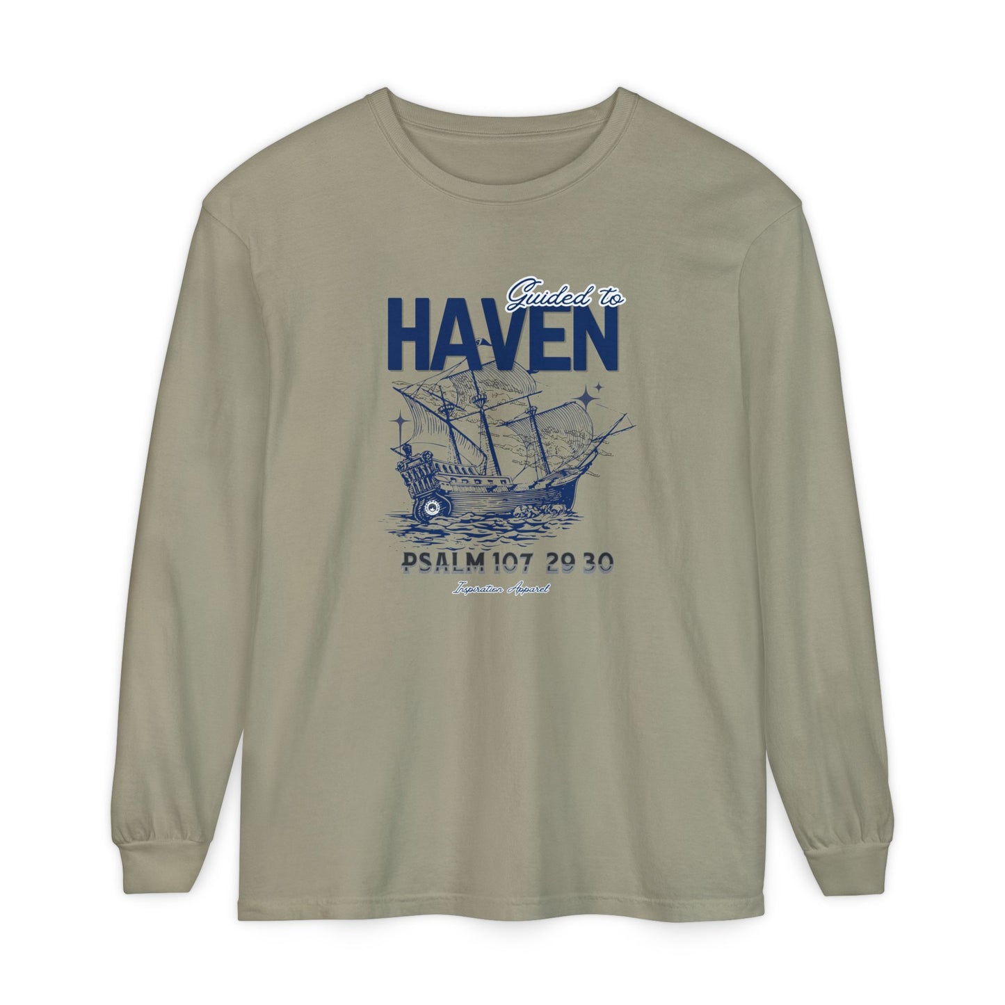 Guided to Haven Psalm 107:29–30 Long Sleeve T-Shirt - Nautical Theme