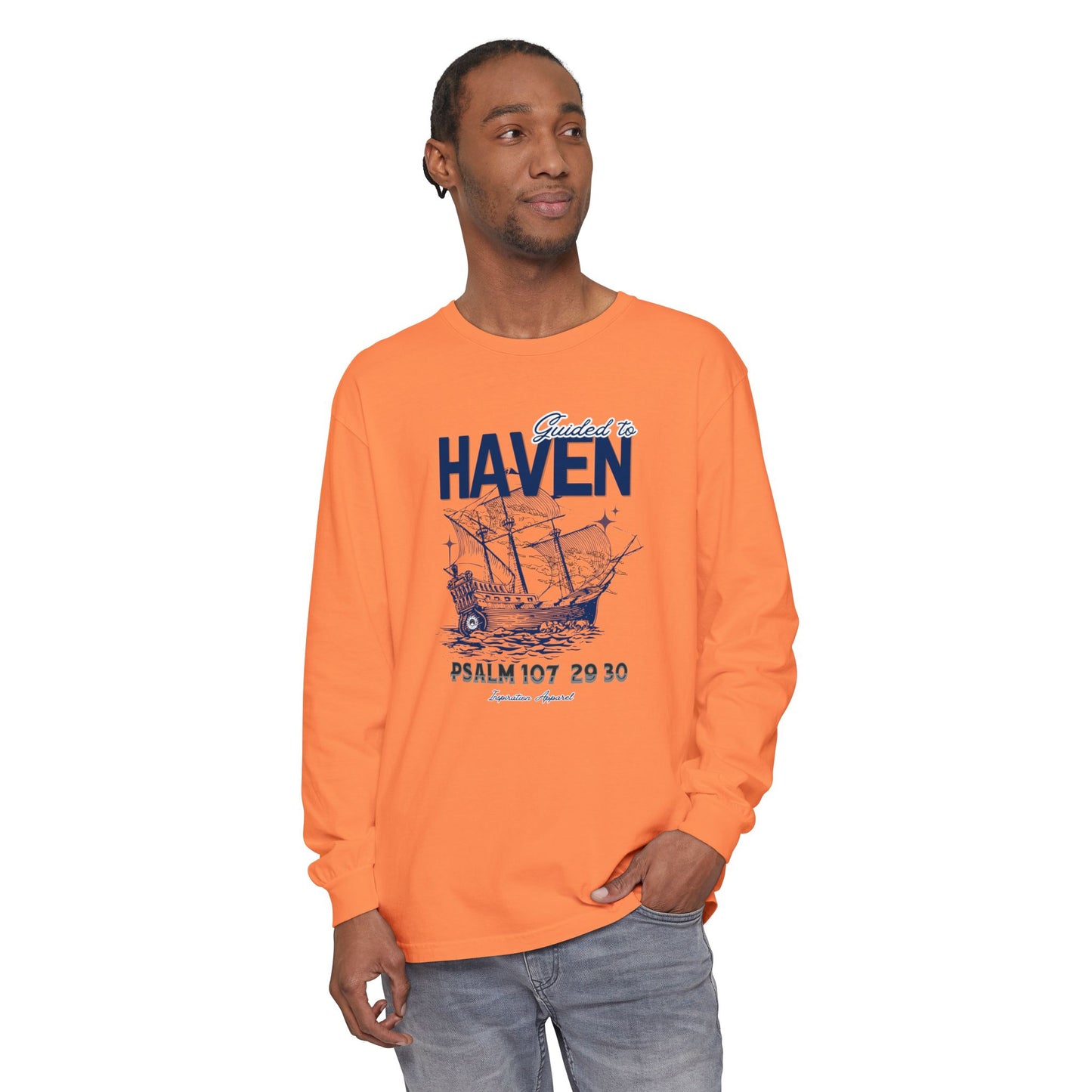 Guided to Haven Psalm 107:29–30 Long Sleeve T-Shirt - Nautical Theme
