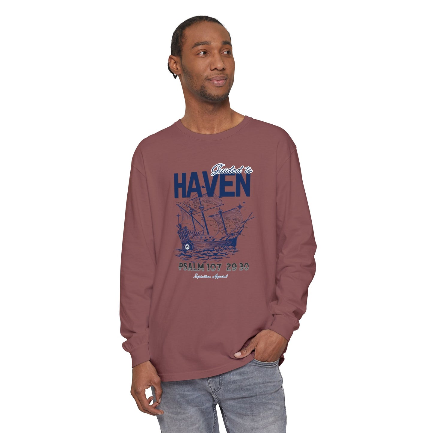 Guided to Haven Psalm 107:29–30 Long Sleeve T-Shirt - Nautical Theme