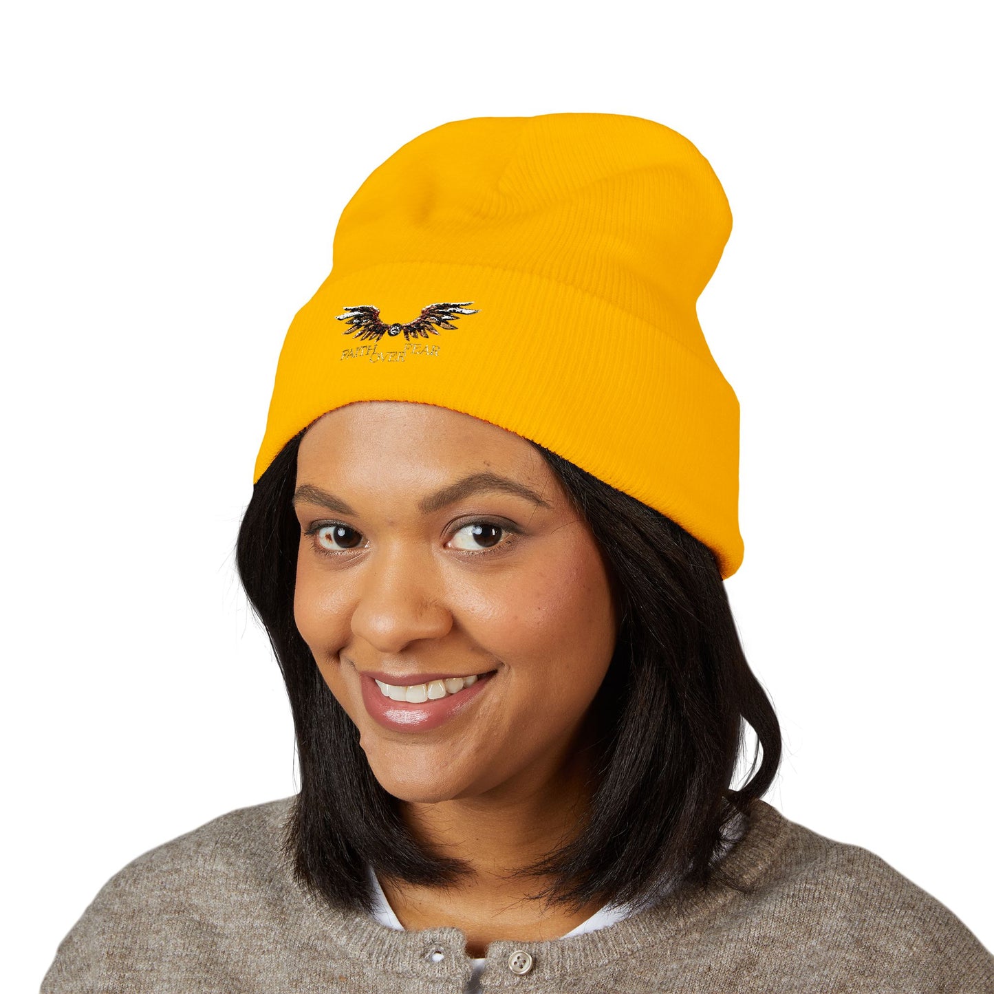 Faith Over Fear Winged Embroidered Feather Antler Beanie